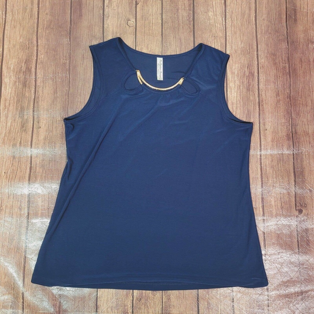 PerSeption Womens Top Blue L Cami Gold‎ Embellishment Necklace Sleeveless